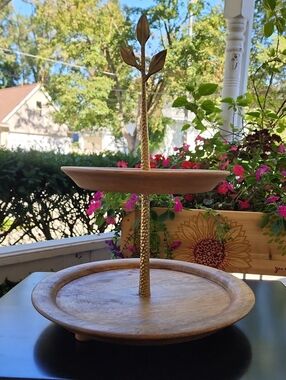 Kirkland's Wood 2 Tier Tray/Stand Gold Supports Dry Food Display NEW